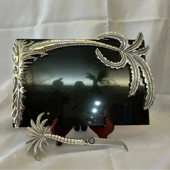 Silver Plated Palm Tree Design Marble Cheese Board and Knife - Picture 1 of 7